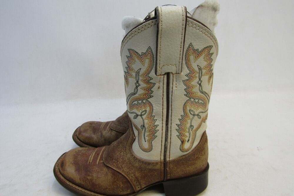 Justin Youth Size 9.5 D Ivory Brown Leather Stockman Cowboy Boots